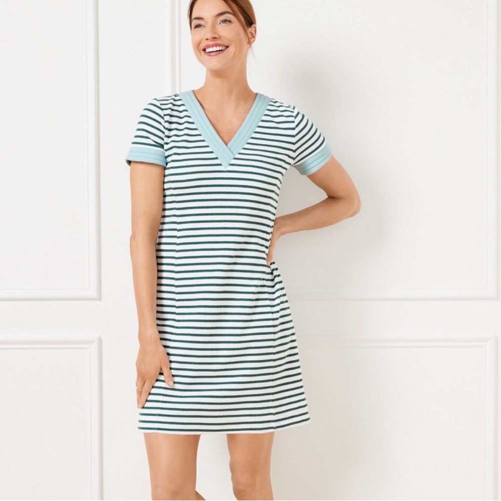 Talbots Short Sleeve Contrast Trim V-Neck Striped T-Shirt Dress NWT Size XS